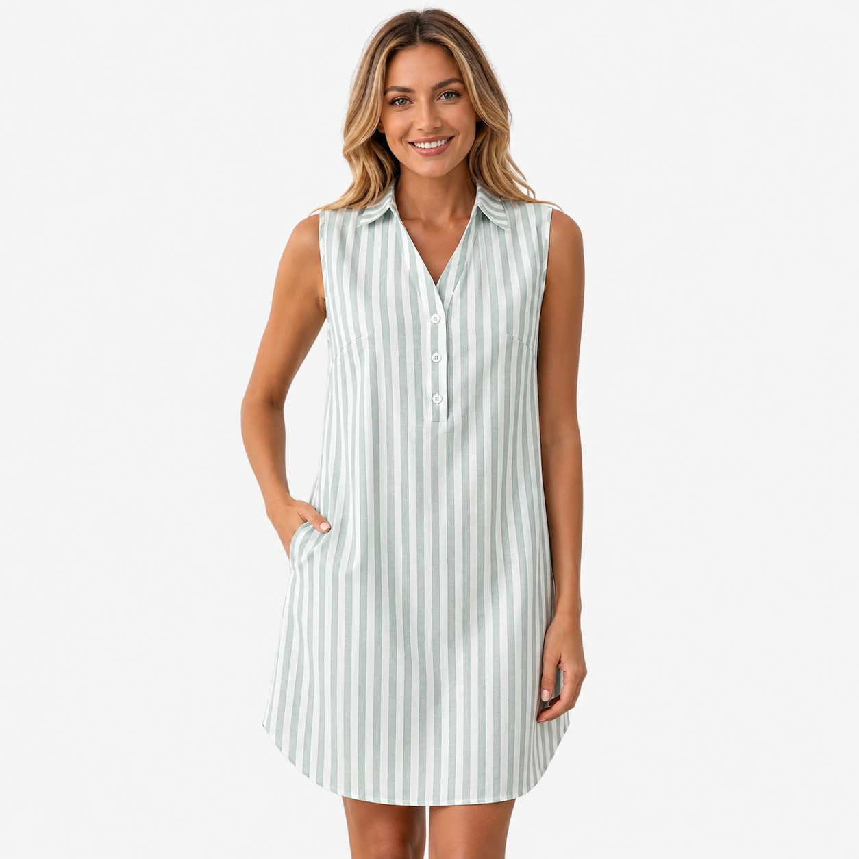 Lucille | Robe Chemise Rayée Sans Manches à Col en V