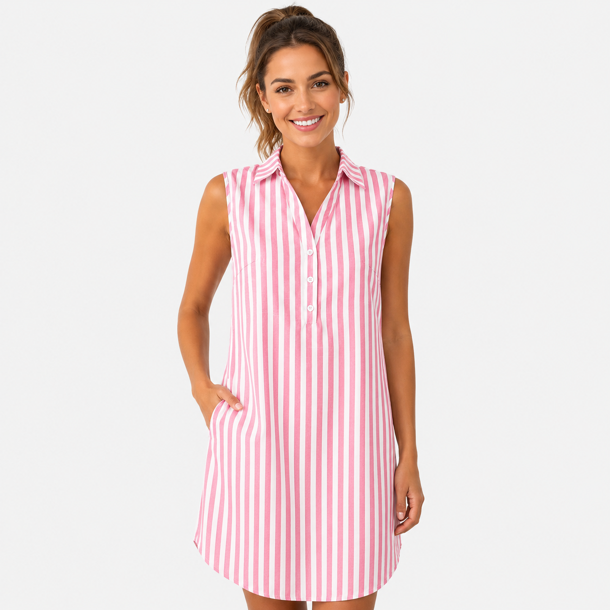 Lucille | Robe Chemise Rayée Sans Manches à Col en V